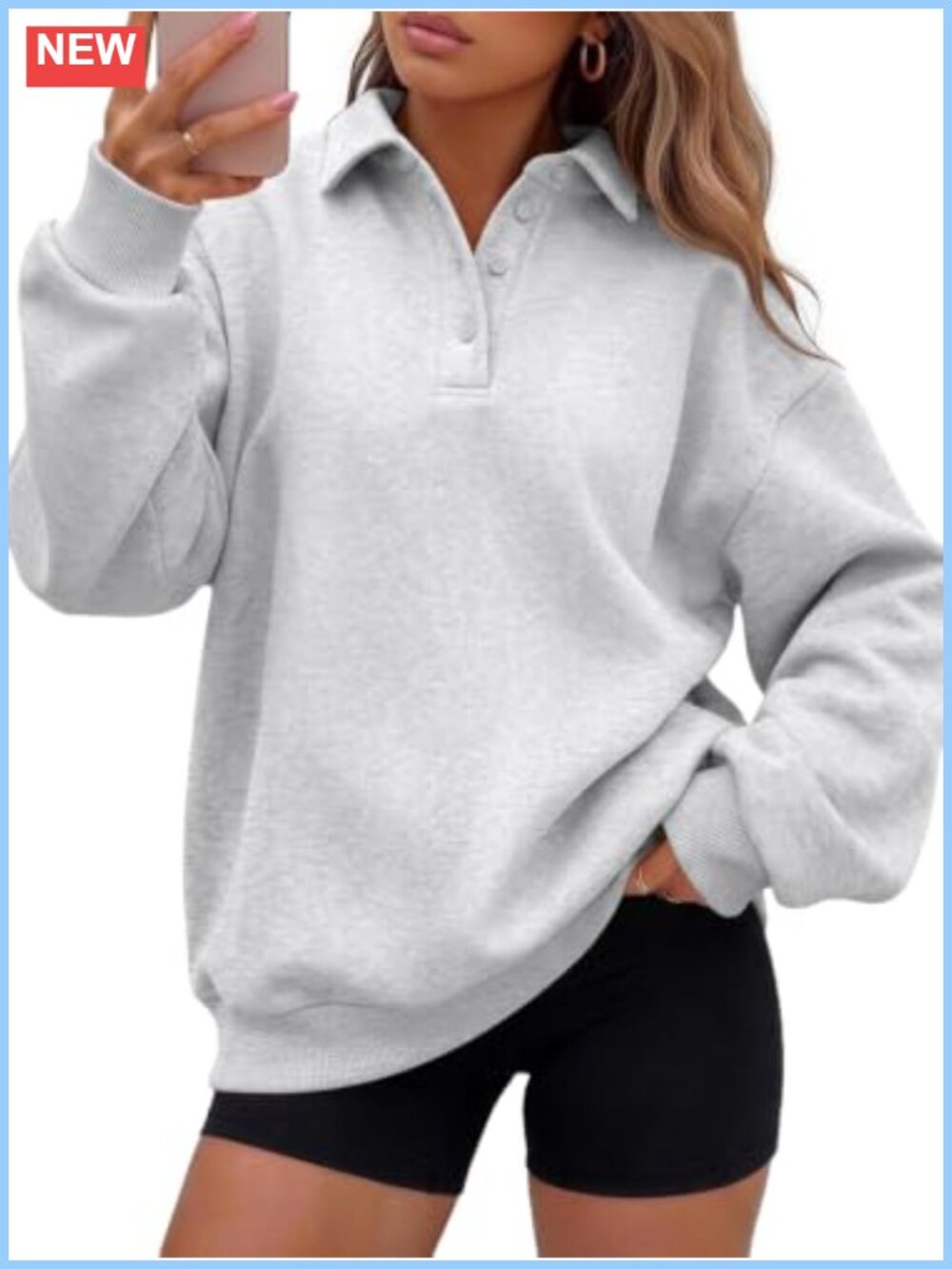 Oversized Fleece Pullover Sweatshirt Polo Collar Button Down Fall Winter